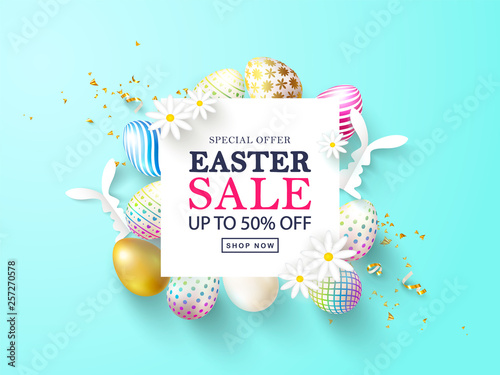 Happy Easter Sale banner.Beautiful Background with colorful eggs, paper bunnies,chamomile and golden serpentine. Vector illustration for website , posters,ads, coupons, promotional material.