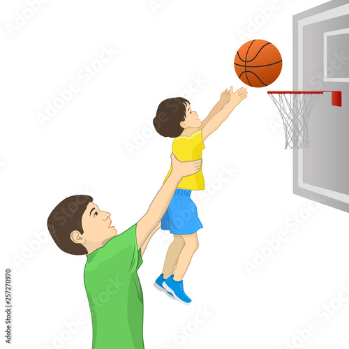 Dad and his son playing basketball cartoon character. Dad holding his son helping him to score basket vector illustration
