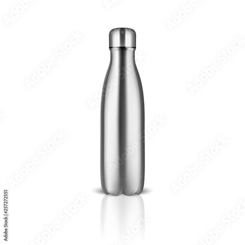 Vector Realistic 3d Silver Empty Glossy Metal Reusable Water Bottle with Silver Bung Closeup on White Background. Design Template of Packaging for Mock up, Package, Advertising, Logo. Front View