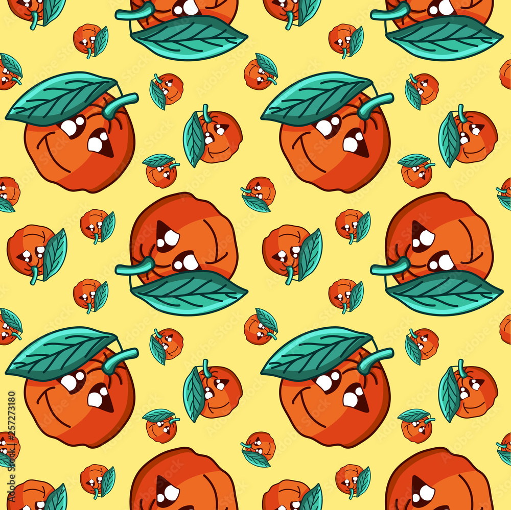 Character Orange vector seamless pattern. Funny doodle healthy food on a light background.