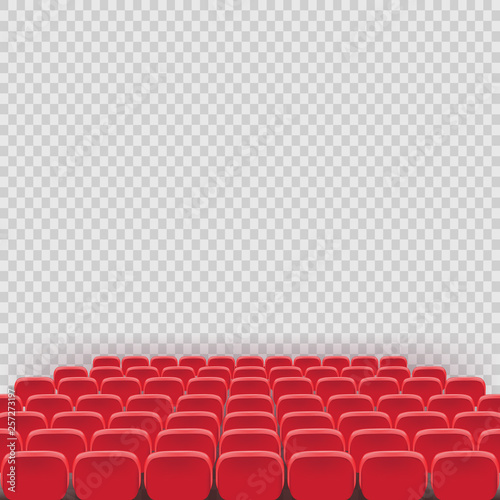 Vector theatre red seat chair in conference auditorium room. Row cinema red seat illustration on transparent white background. Movie or theater seats