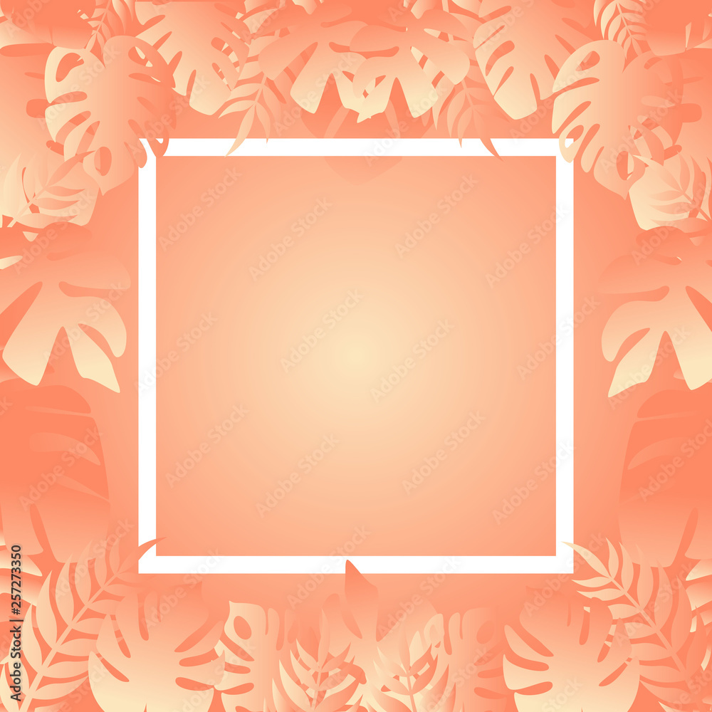 Banner, a summer sale in pink tones. Peach background.  Tropical plants. .Procurement for Advertisement.  Frame for the title. Vector illustration