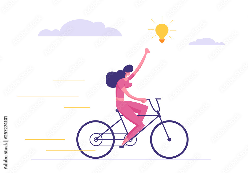 Creative Business Solution Concept. Happy Businesswoman Character on a bike Idea Lightbulb. Symbol of Leadership, Brainstorming, New Idea, Innovations, Success, Happiness. Vector illustration