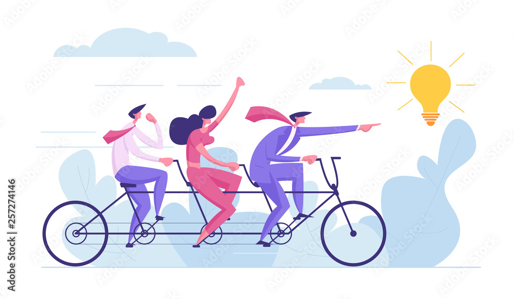 Creative Idea Teamwork Concept. Business Team Riding Tandem Bicycle. Businessman and Businesswoman Characters on Bike. Cooperation Leadership Metaphor. Vector cartoon illustration