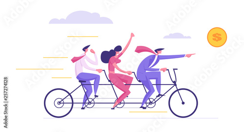 Finance Teamwork Concept. Business People Riding Tandem Bicycle. Happy Businessman and Businesswoman Characters on Bike. Successful Cooperation Leadership Metaphor. Vector cartoon illustration