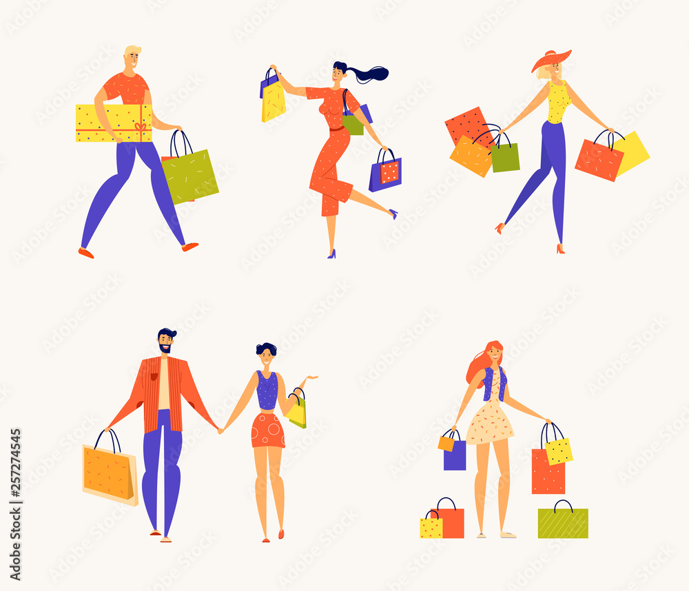 Happy People with Shopping Bags. Male and Female Characters with Gift Boxes. Big Sale Discount Concept. Shopaholic Man and Woman with Purchases. Vector cartoon illustration