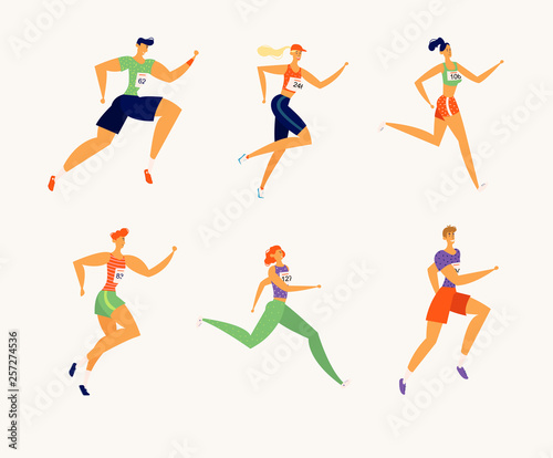 Happy Athlete People Characters Running Marathon. Man and Woman Runners. Individual Sports  Fitness Jogging Competition  Race Concept. Vector cartoon illustration
