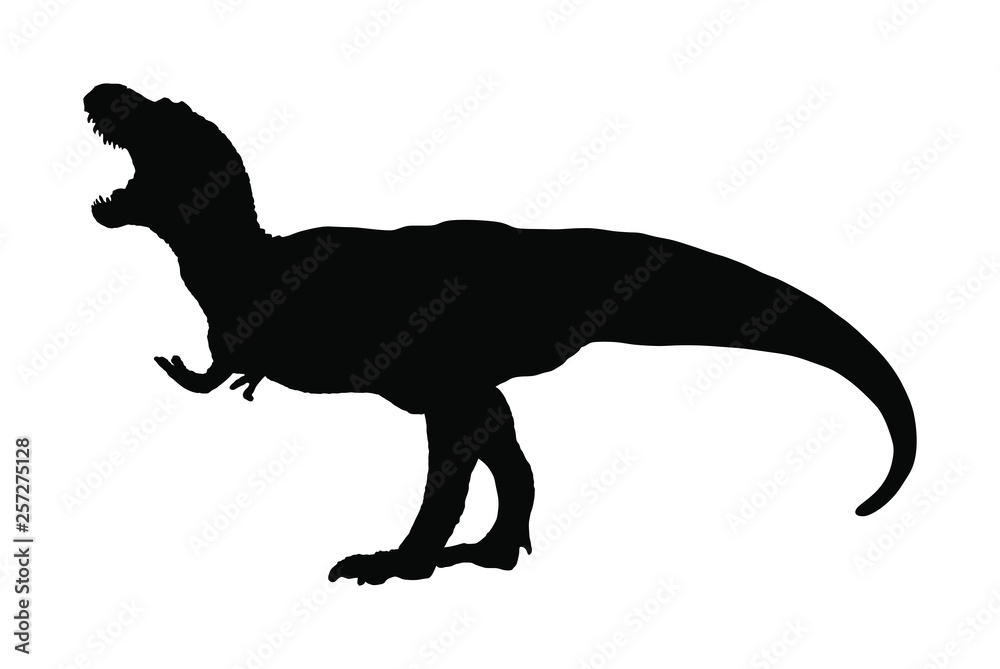 Isolated silhouette of dinosaur on white background. Silhouette illustration of a tyrannosaurus rex. T rex silhouette.