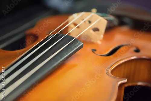 Closeup on a fiddle instrument, Scotland.
