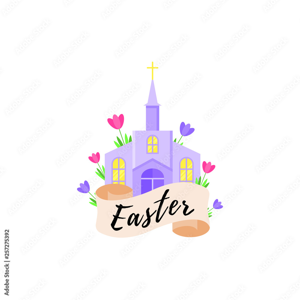 Card for the holiday of Easter with a church and flowers. Vector illustration.