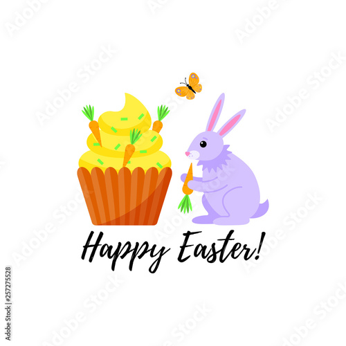 Card for the holiday of Easter with a rabbit and a carrot cupcake. Vector illustration.