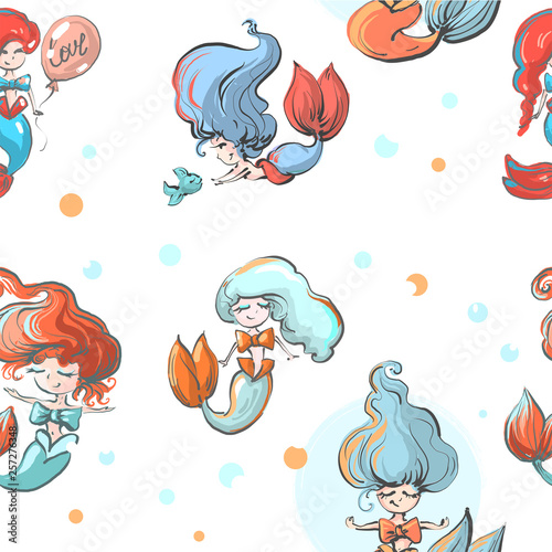 Beautiful seamless pattern with cute mermaid girls and fish on white