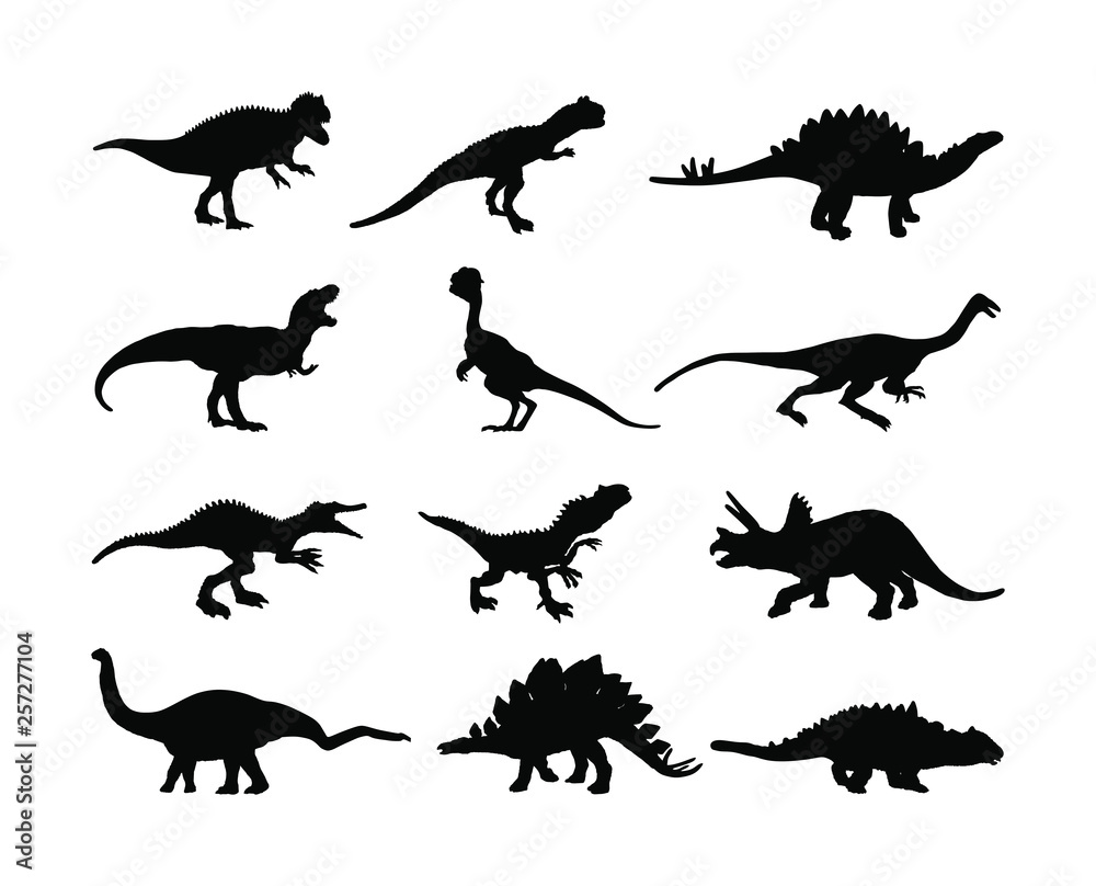 Dinosaurs large collection. T Rex vector silhouette isolated on white background. Tyrannosaurus shadow symbol. Jurassic era. Dino sign. Triceratops, Stegosaurus, Brachiosaurus, Pteranodon, Spinosaurus