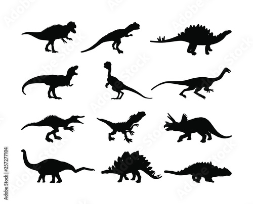 Dinosaurs large collection. T Rex vector silhouette isolated on white background. Tyrannosaurus shadow symbol. Jurassic era. Dino sign. Triceratops, Stegosaurus, Brachiosaurus, Pteranodon, Spinosaurus © dovla982