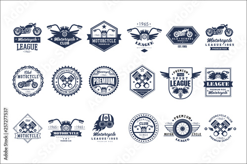 Motorcycle club logo template set, sport league retro vintage style emblems and badges vector Illustrations on a white background