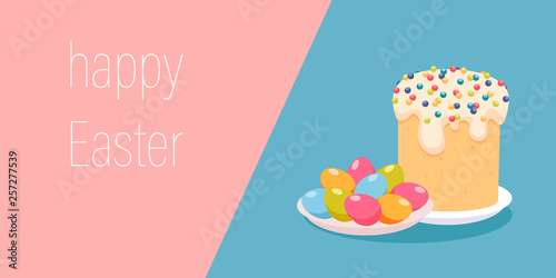 pink and blue greeting card with Easter cake and colored eggs. vector