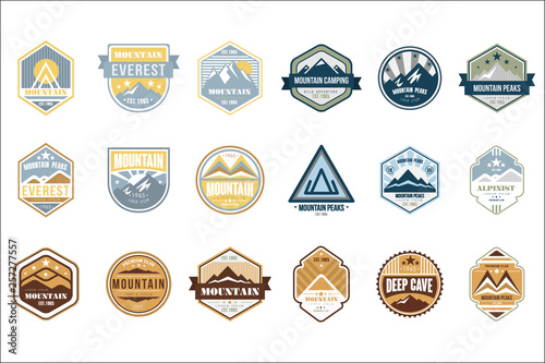 Mountain camping logo set, alpinist, mountain peaks, deep cave retro vintage style emblems and badges vector Illustrations on a white background