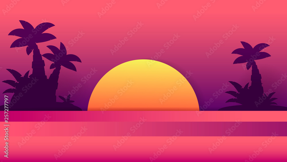Tropical Sunset . Summer Illustration. Sunset Logo Vector. Background Design. Summer Beach Design.tropical Palm Tree