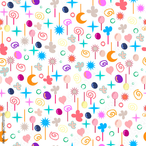 Cosmic seamless Pattern texture with heart, moon, stars, bubble and flowers. Vector textile, wrapping, wallpaper, background