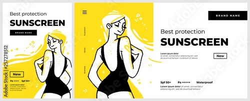 Poster and banner or landing page template for sunscreen protection sun care cosmetics. Happy smiling woman character on the. Vector illustration