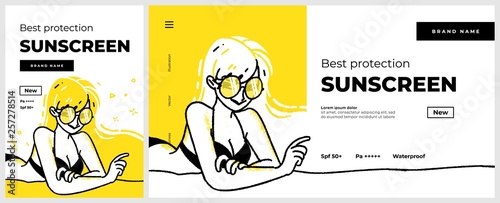 Poster and banner or landing page template for sunscreen protection sun care cosmetics. Happy smiling woman character on the. Vector illustration