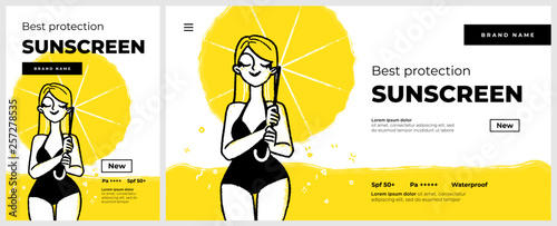 Poster and banner or landing page template for sunscreen protection sun care cosmetics. Happy smiling woman character on the. Vector illustration