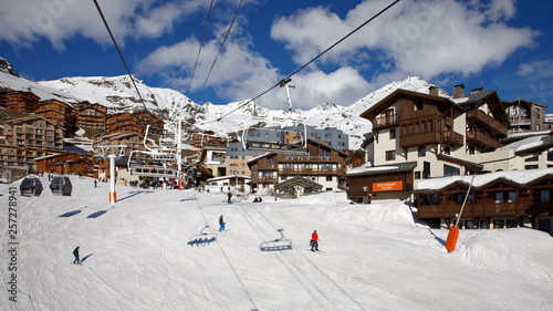 Val Thorens, France - March 7, 2019: Val Thorens is the highest ski resort in Europe at an altitude of 2300 m. 