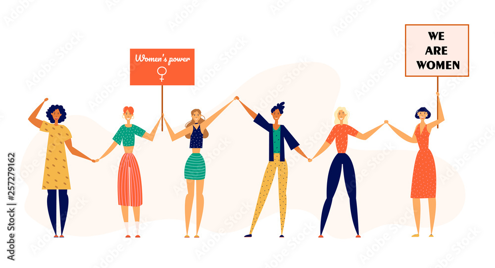 Feminist Independent Strike Concept with Women Protesters Characters with Posters Holding Hands for Unity. Girl Power Banner for Female Rights for Website, Web Page. Flat Vector Illustration