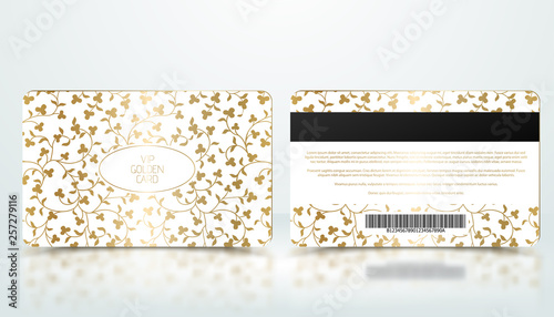 Vector template of membership or loyalty white VIP card with luxury elegant golden floral pattern. Front and back design presentation. Premium member, gift plastic card.