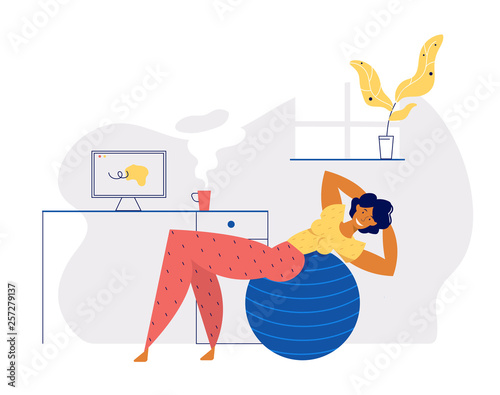Home Exercises Positive Healthy Lifestyle Concept with Smiling Girl Character Doing Aerobic with Fitness Ball at Home. Interior Banner for Female Relax for Website, Web Page. Flat Vector Illustration