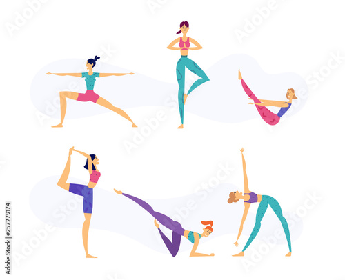 Female Yoga Healthy Lifestyle Concept with Women Characters in various poses of yoga. Asanas Set Banner Girl Practicing Movements Graph for Classes Website, Studio Web Page. Flat Vector Illustration