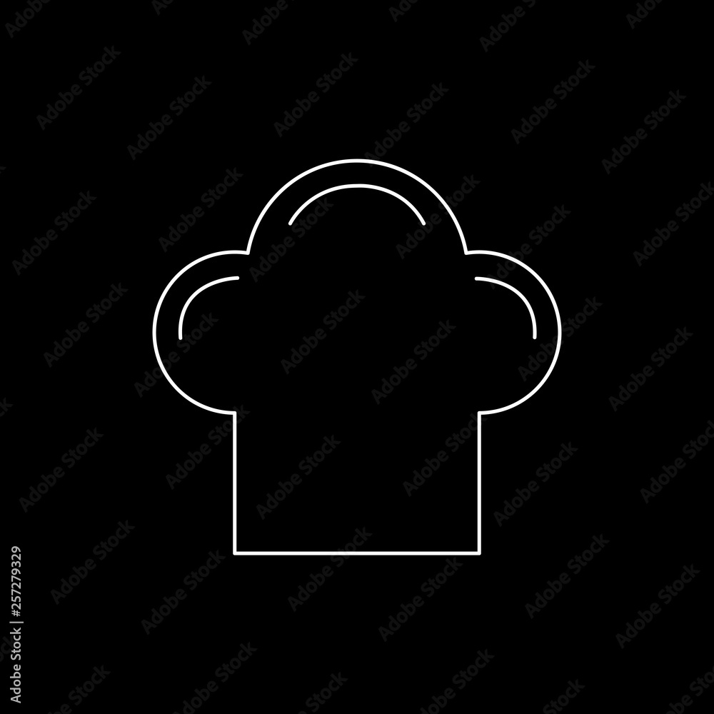 Flat line monochrome chef hat symbol for web sites and apps. Minimal simple black and white chef hat symbol. Isolated vector white chef hat symbol on black background. Flat line monochrome chef hat symbol for web sites and apps. Minimal simple black and white chef hat symbol. Isolated vector white chef hat symbol on black background.