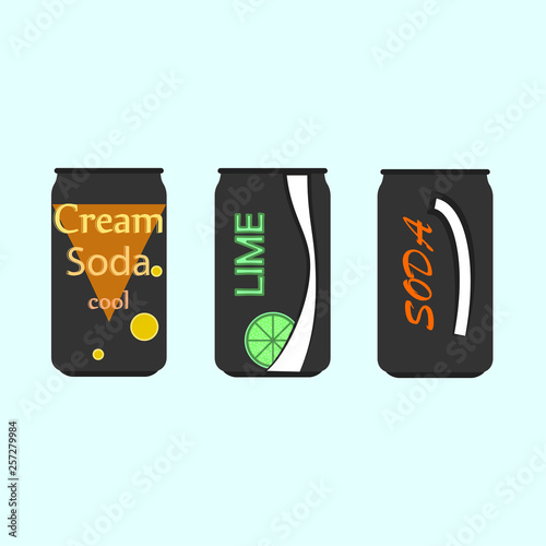Set of soft soda and lime cola in aluminum can isolated on blue background. Juice, cocktail. Cold drinks icon. Vector flat illustration