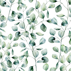 Handdoek met foto Aquarel bladerprint patronen Eucalyptus takjes handgeschilderd patroon  © yuliya_derbisheva