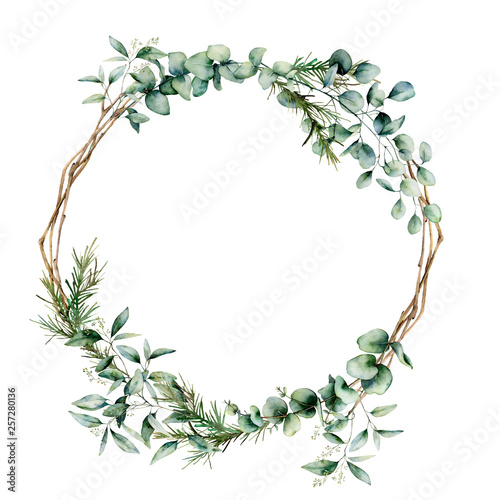 Fotografie, Obraz Watercolor eucalyptus branch wreath