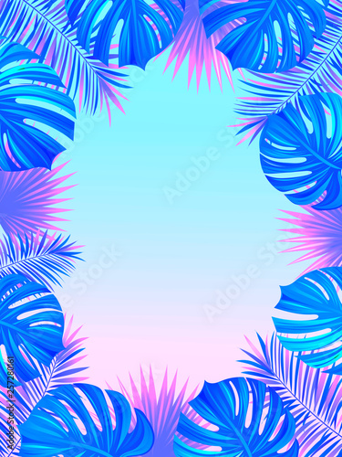 Exotic tropical frame with jungle plants, palm leaves, monstera and place for your text. Nature background. Vector tropic design. Trendy bright gradient colors. Travel, spring, summer, vacation card.
