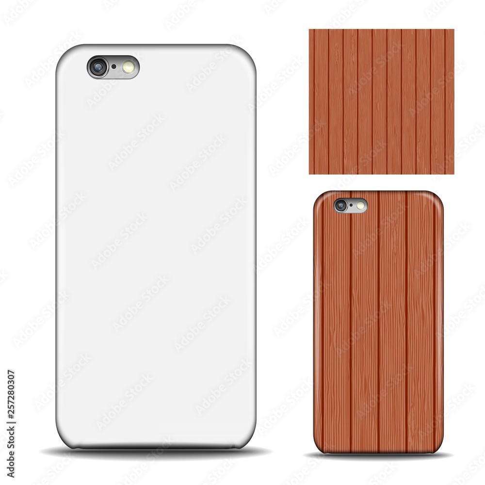 Phone cover. Reverse side of smartphone. Wood texture pattern for design. Mock up with an example. isolated on white background. Phone cover. Reverse side of smartphone. Wood texture pattern for design. Mock up with an example. isolated on white background.