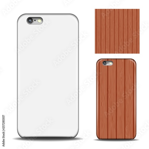 Phone cover. Reverse side of smartphone. Wood texture pattern for design. Mock up with an example. isolated on white background.