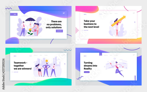 Financial Growth, Business Success Concept Landing Page Set. People Characters with Arrow, Money Tree, Virtual Reality and Creative Cooperation Teamwork for Website, Web Page. Flat Vector Illustration