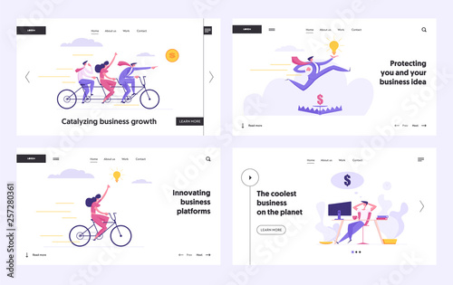 Creative Ambitious Risky Business Success Concept Landing Page Set. People Characters with Passive Income, Tandem Bike, Idea Protection from Trap for Website, Web Page. Flat Vector Illustration