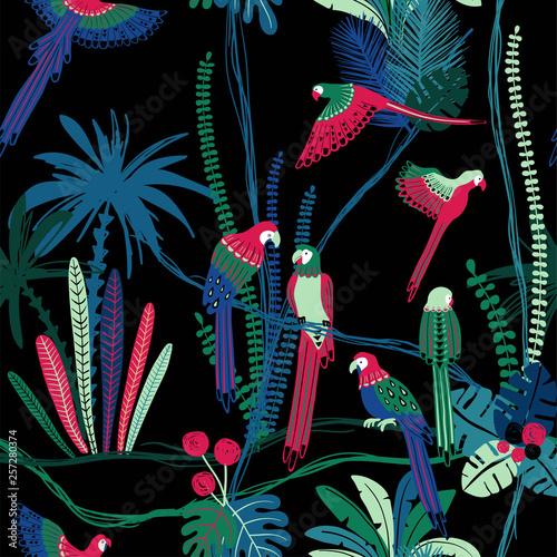 Seamless pattern With Parrots In The Jungle.