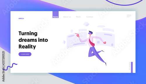 Business Virtual Reality Innovation Concept Landing Page. Businessman Character Flying Wearing 3D Glasses. Creative Banner with Modern Technology Man for Website, Web Page. Flat Vector Illustration
