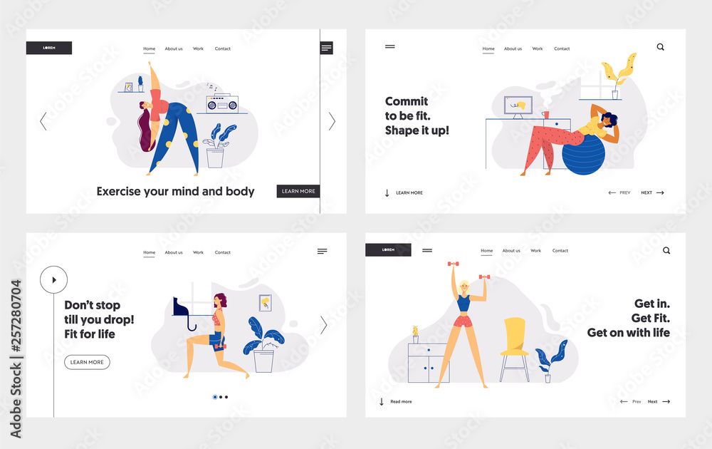 Healthy Lifestyle Fitness Landing Page Template Set. Sport and Home Exercise Concept with Active Woman Character Doing Yoga, Athletic for Website, Web Page, Banner. Vector illustration