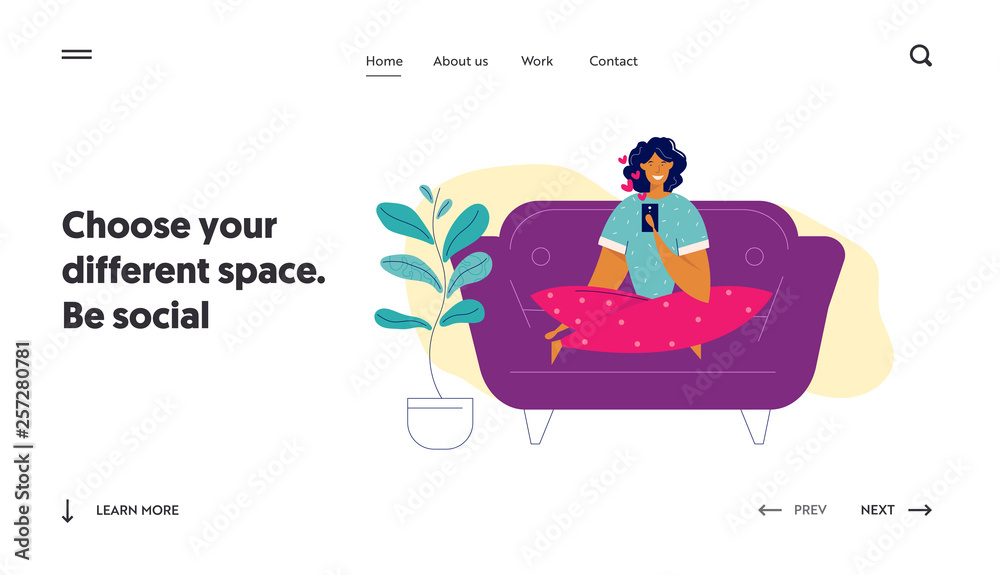 Social Media Network Concept Landing Page Template. Girl Character Chatting Using Smartphone at Home. Woman Sending Message with Mobile Phone for Website, Web Page, Banner. Vector illustration