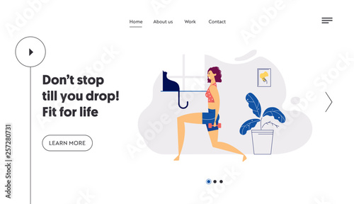 Healthy Lifestyle Fitness Landing Page Template. Sport and Home Exercise Concept with Active Woman Character Jogging, Athletic for Website, Web Page, Banner. Vector illustration