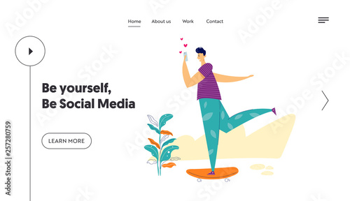 Social Media Network Concept Landing Page Template. Male Character Chatting Using Smartphone Skateboarding. Man Sending Message with Mobile Phone for Website, Web Page, Banner. Vector illustration