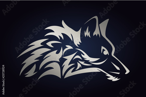 Silver wolf head silhouette. Side view of wild animal. Wolf vector logo for web and print on dark background.