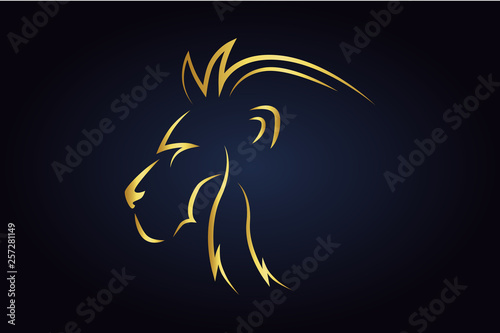 King lion head silhouette turned to the left side. Golden safari animal head. Wildlife vector logo. Side view of leo head