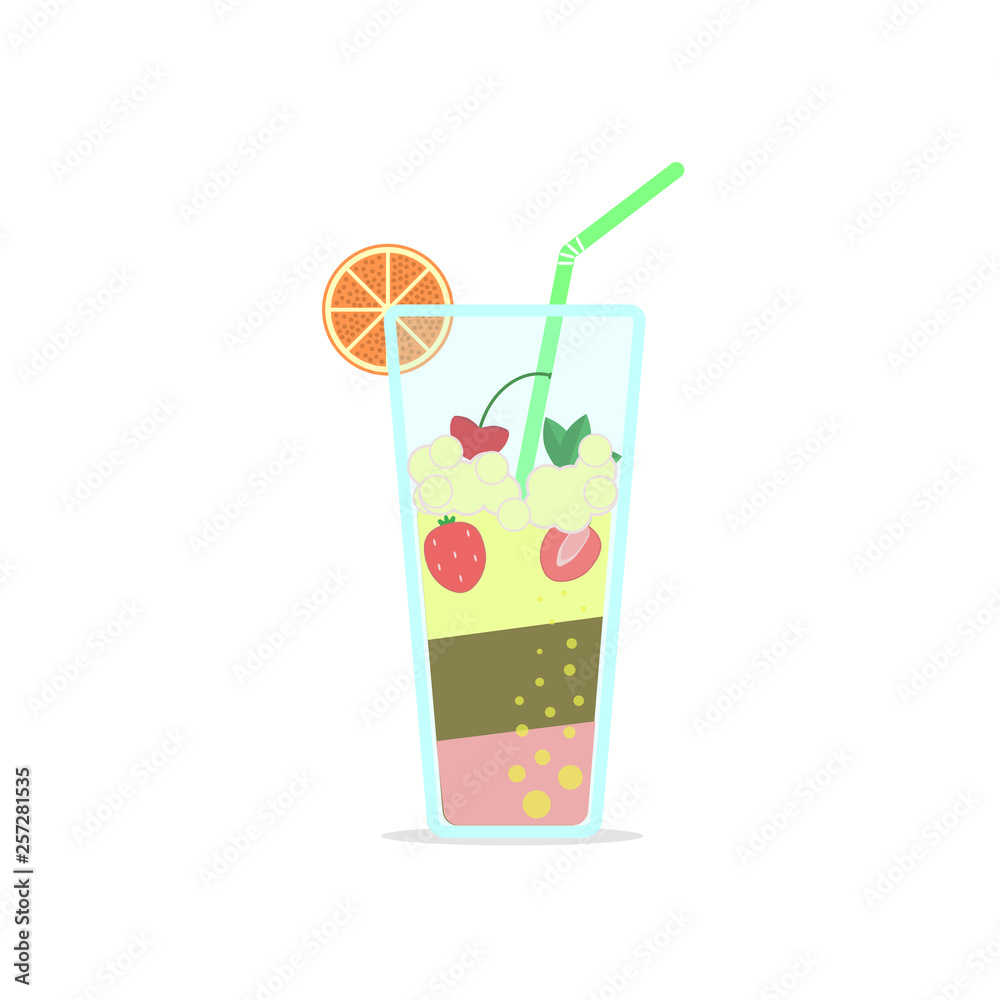 Glass of drinks icon, cocktail with straw, orange, lemon isolated on white background. Soda, juice with ice. Organic health food. Vector flat design Glass of drinks icon, cocktail with straw, orange, lemon isolated on white background. Soda, juice with ice. Organic health food. Vector flat design