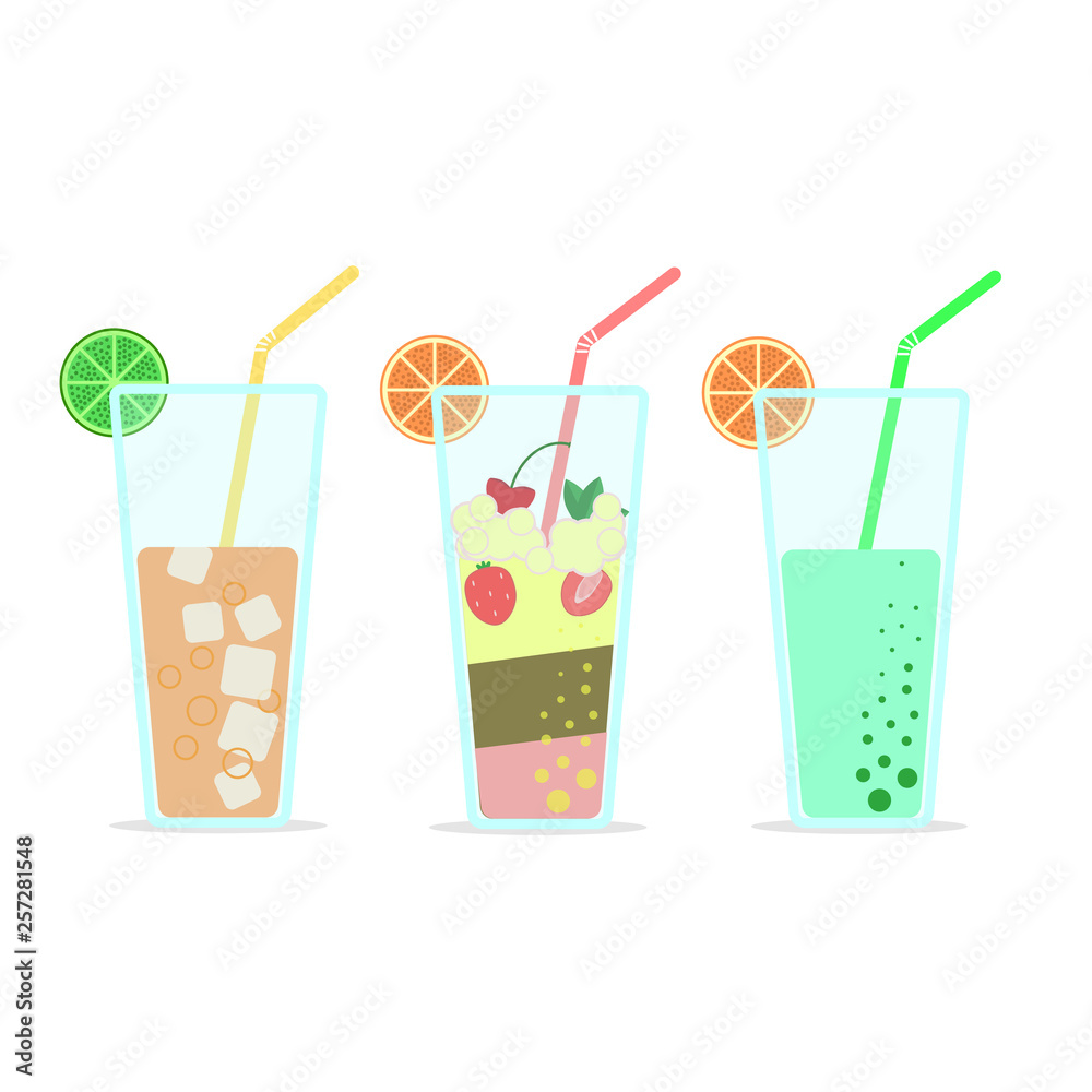 Set of glass of drinks icon, cocktail with straw, orange, lemon isolated on white background. Soda, juice with ice. Organic health food. Vector flat design Set of glass of drinks icon, cocktail with straw, orange, lemon isolated on white background. Soda, juice with ice. Organic health food. Vector flat design